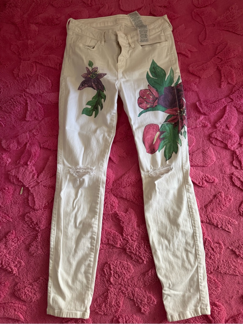 Guess White Skinny Jeans with Pink & Green Floral Art